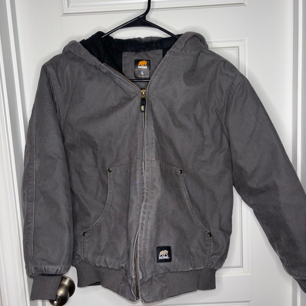 Boys Youth Large Berne Gray Hooded Coat with Logo